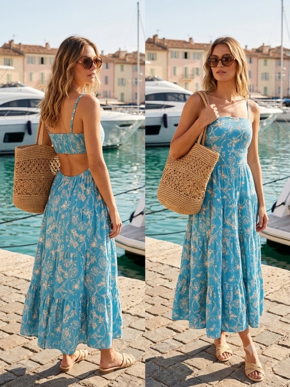 Hutch by Anthropologie Blue Floral Tiered Cut Out Midi Dress